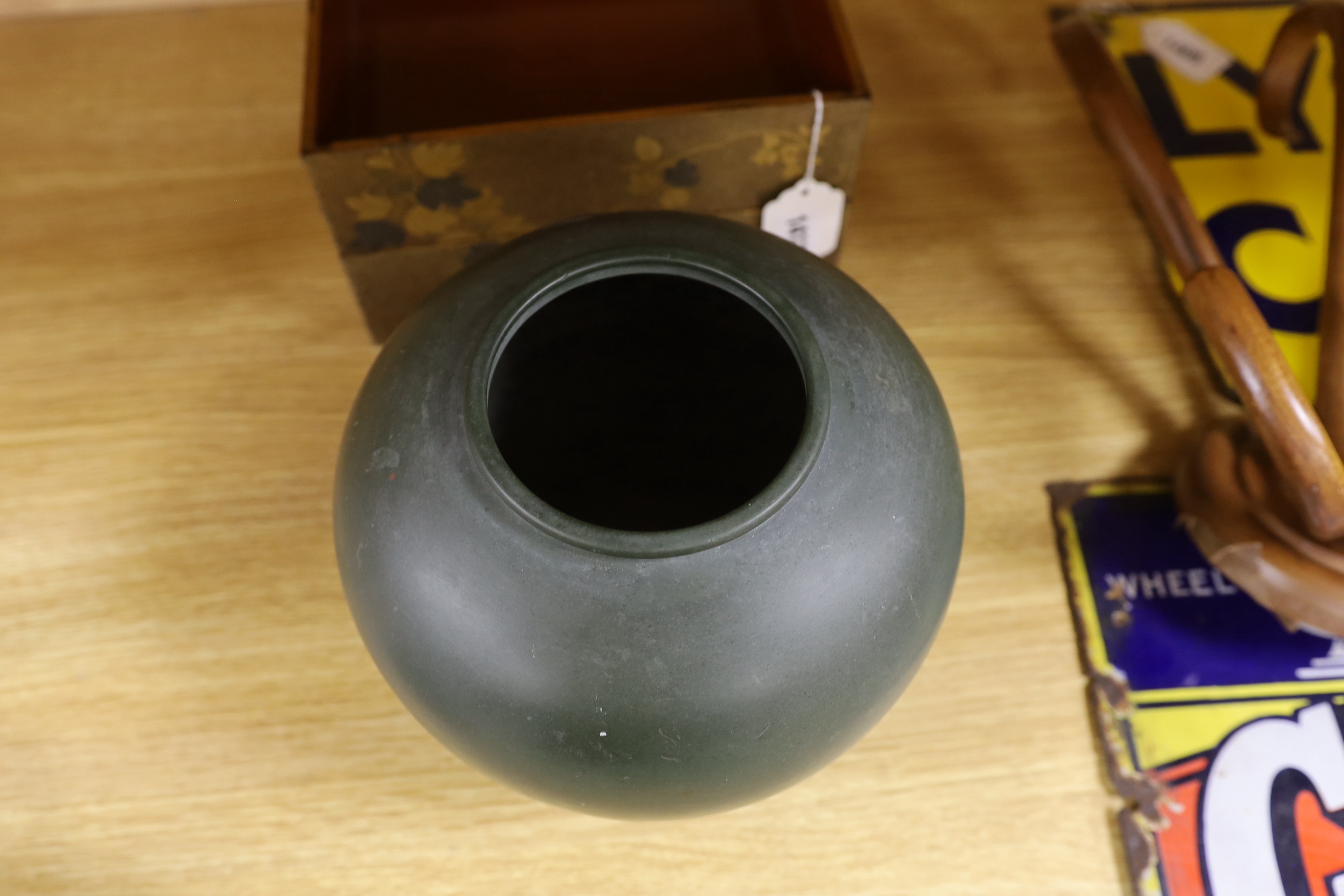 A Japanese bronze jar, a box and two stacking containers, vase 20cm high